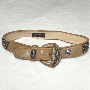 Salena's Collection Womens‎ Belt Leather Tan Jeweled Buckle Boho Vintage Y2K